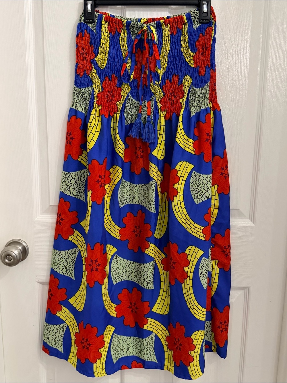 Strapless Smocked Maxi Dress in Blue with Red Floral Print Gypsie Blu
